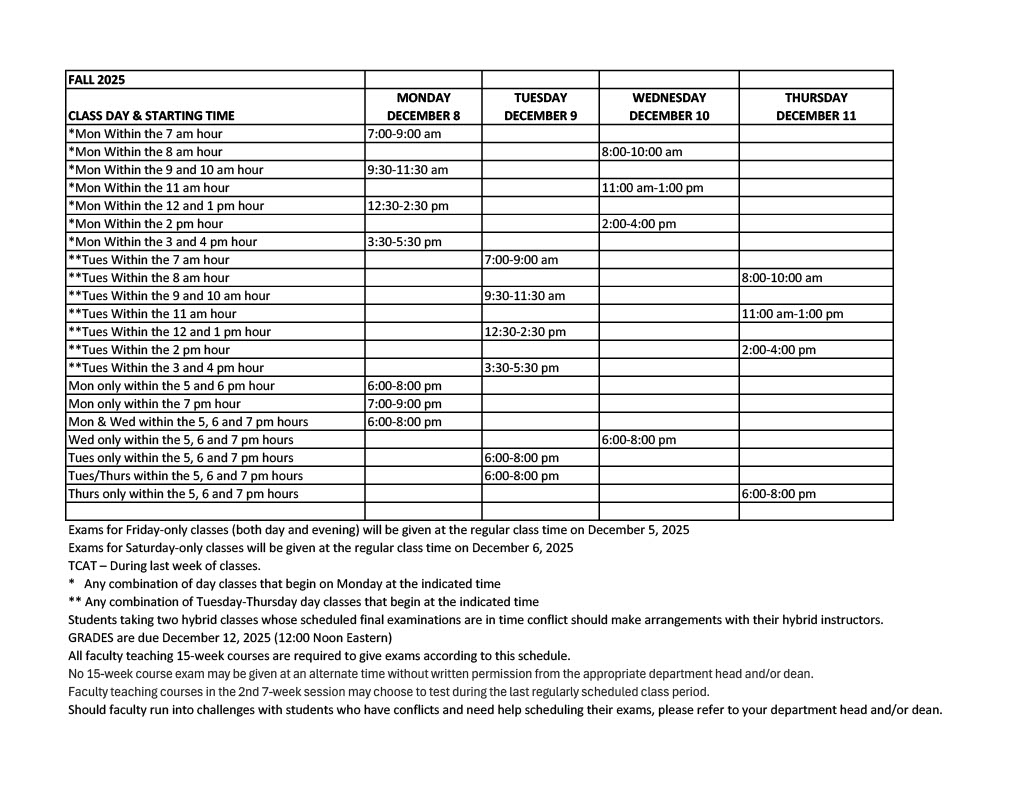 black and white image with dates for final exam 2025 fall